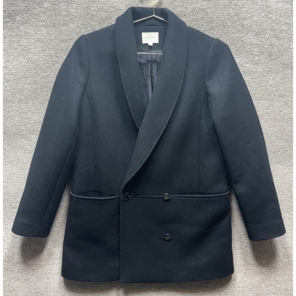 Sezane Womens Size 36 Double Breasted Lined Jacket Black Wool Blend Pea Coat EUC
